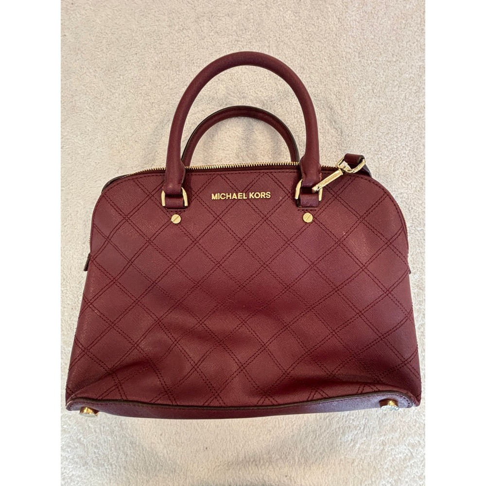Michael Kors Burgundy Quilted Saffiano Leather Dome Satchel Crossbody Bag